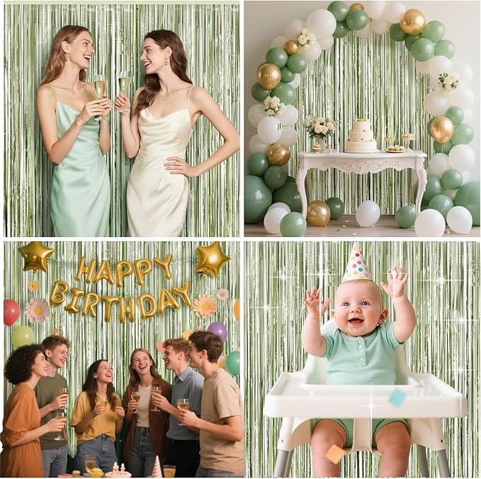 4 Packs Sage Green Foil Fringe Curtain, Light Green Glitter Metallic Tinsel - Image 4
