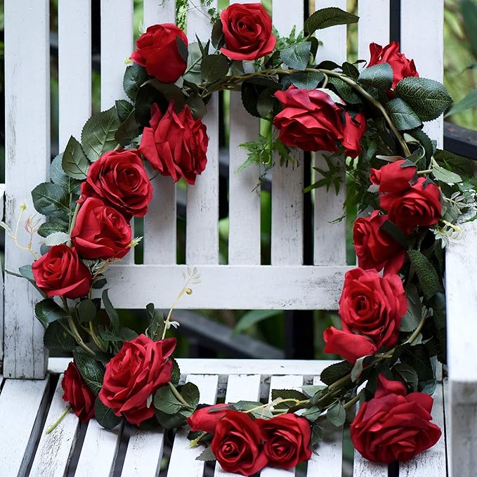 FiveSeasonStuff Classic Red Artificial Silk Roses Flower Garland, Bendable - Image 2
