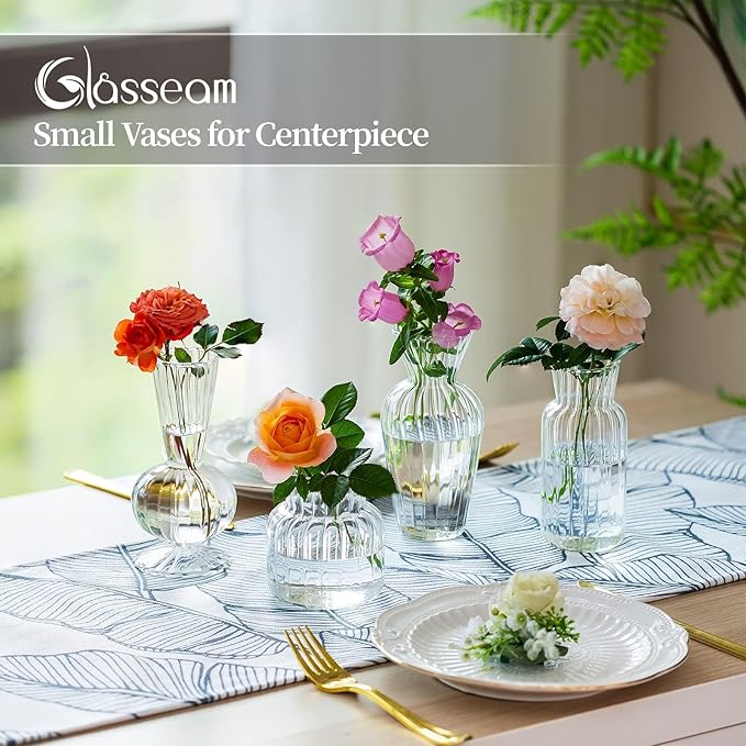 Modern Clear Glass Bud Vase Set: Glasseam 4Pcs Small Mini Flower Centerpieces - Image 4