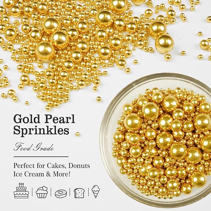 Gold Pearl Sprinkles for Cake Decorating, 150g/5.29oz, Mix Size, Edible Sugar - Image 3