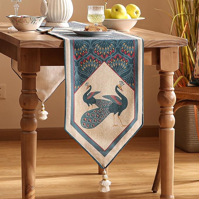 Vintage Blue Peacock Table Runner - Image 2