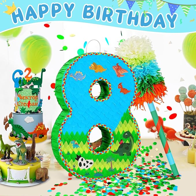 Number 8 Pinata for Birthday Party Decorations, Jungle Dinosaur Piñata Games Toy - Image 2