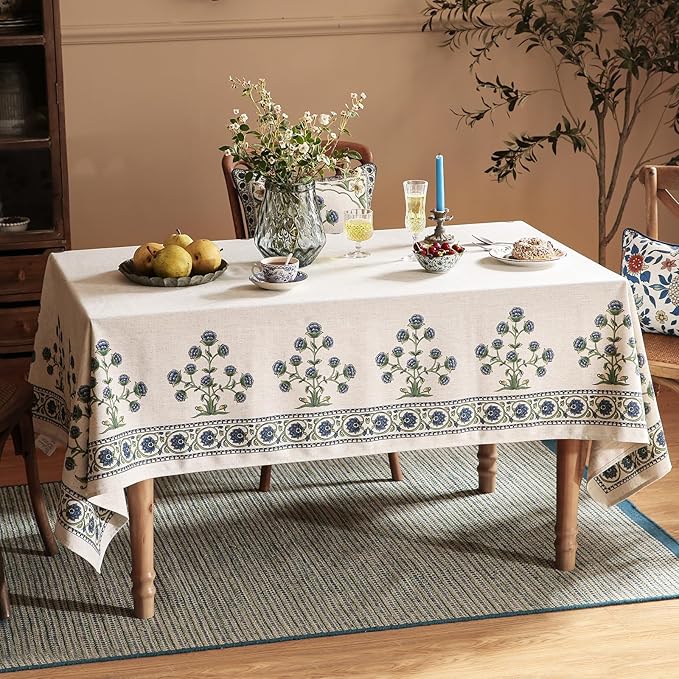 patdrea Designer Linen Vintage Blue Long Rectangle Tablecloth, Leaves Pattern - Image 8