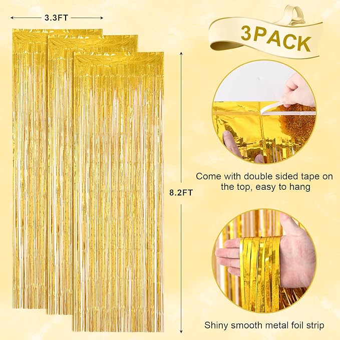 3 Pack 3.3 x 8.2 ft Laser Gold Foil Fringe Backdrop Curtains, Tinsel Streamers - Image 4