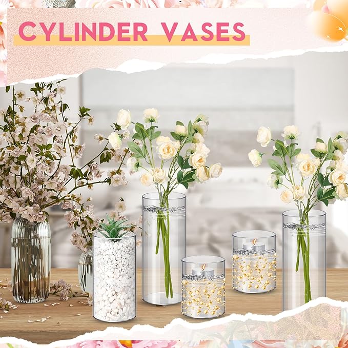 Nuogo 48 Pcs Plastic Cylinder Vases Tall Clear Flower Vases - Image 6