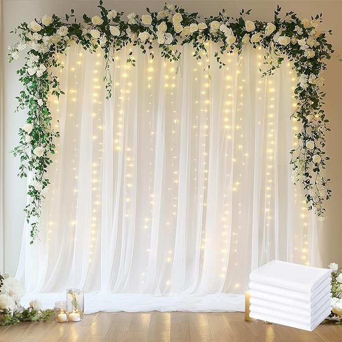 Fomcet Tulle Curtains with Lights String White 30FT X 10FT Sheer Backdrop by Fomcet