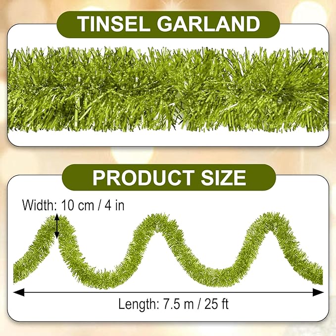 25 Feet Light Green Christmas Tinsel Garland, Metallic Foil Twist Garland Wall - Image 2