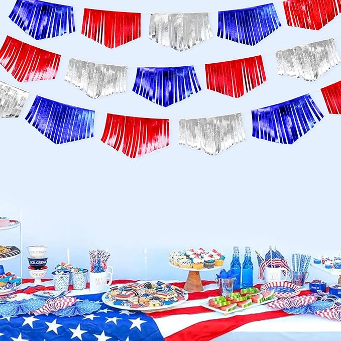 Blue Red Silver Tassel Banner Metallic Fabric Pennant Bunting Flag by pinkblume