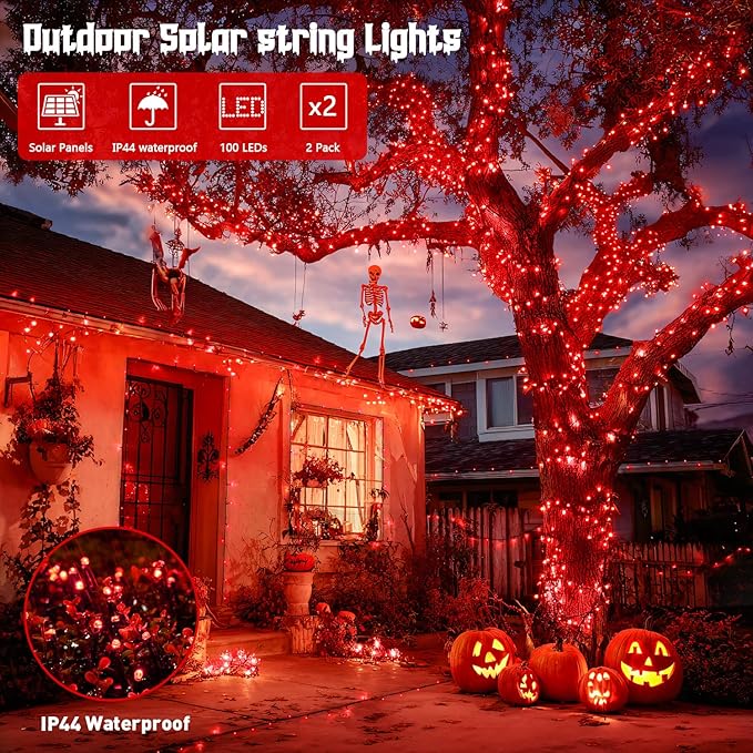 JMEXSUSS Total 200 LED Red Lights Halloween Outdoor, 2 Pack Solar Halloween - Image 2