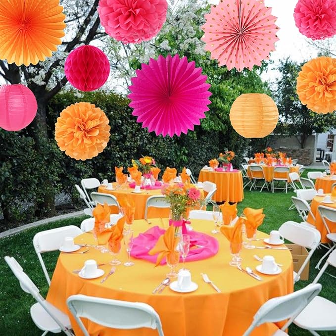 Pink-Orange Fall Party-Decorations Paper-Flowers Lanterns - Image 7