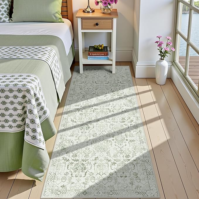 Sage Green 2x6 Runner Rug for Hallways Bed Side Kitchen, Boho Washable - Image 4