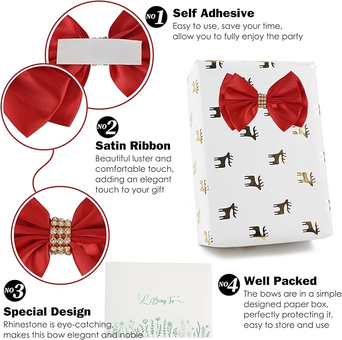 Red Bows 4'' Premade Satin Ribbon Bow, Wrapping Bows - Image 3