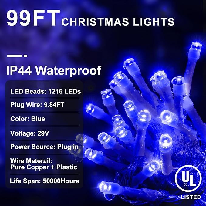 Christmas Lights Outdoor Decorations 1216 LED 99ft 8 Modes Curtain Fairy String - Image 3