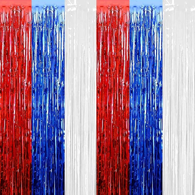 4 Pack Red Blue White Foil Fringe Curtain Backdrop, 3.28Ft x 8.2Ft Metallic by Unknown