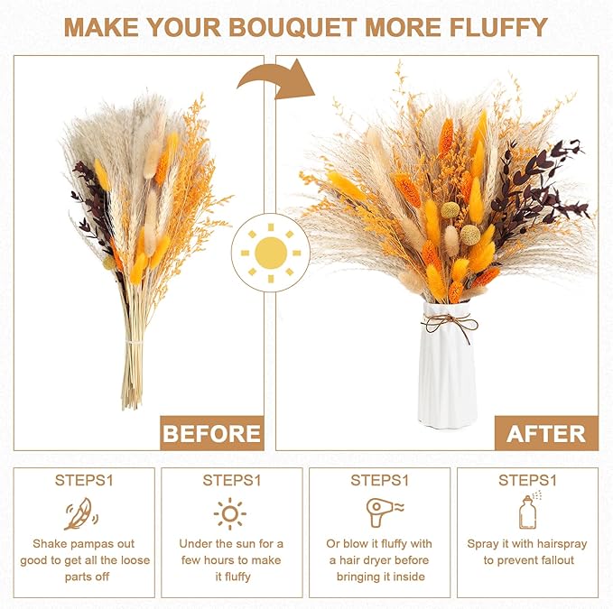 Fall Home Decor 104Pcs Orange Pampas Grass Autumn Dried Flowers Decorations - Image 8