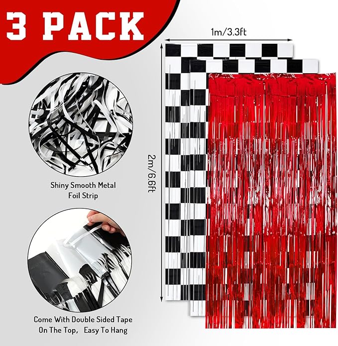 3 Pcs Racing Cars Foil Fringe Curtain Red Black White Checkered Photo Booth - Image 2