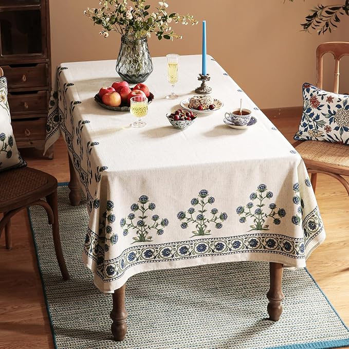 patdrea Designer Linen Vintage Long Blue Rectangle Tablecloth, Leaves Pattern - Image 9