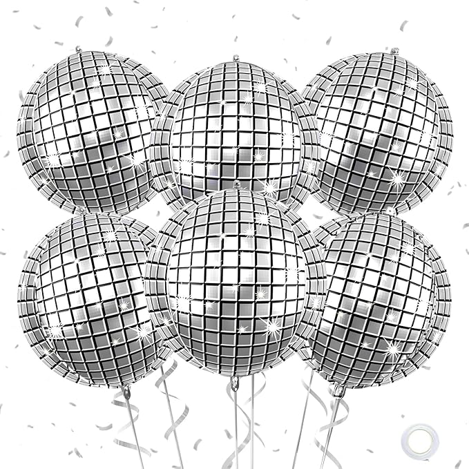 6Pcs Giant 4D Disco Ball Balloons, Sparkle Silver Disco Party Decorations by Saxuxu