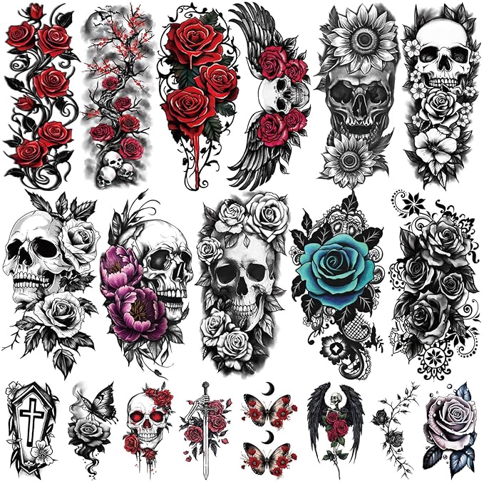 77 Sheets Skull Flower Realistic Temporary Tattoos by Yazhiji
