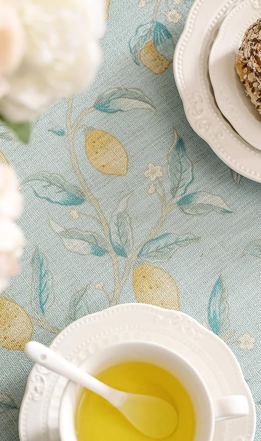 patdrea Designer Green Round Tablecloth, Vintage Linen Yellow Fruits Pattern - Image 6