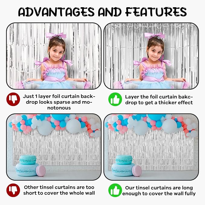 2 Pack Silver Foil Fringe Backdrop Curtains, Tinsel Streamers Birthday Party - Image 5