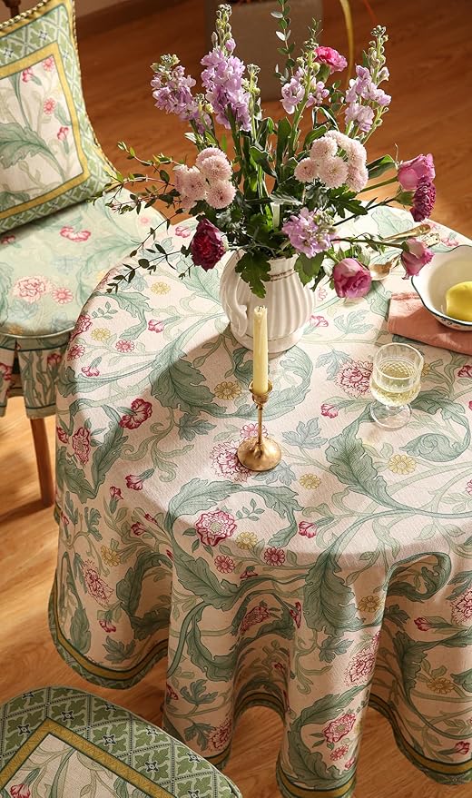 patdrea Designer Vintage Green Round Tablecloth, Linen Leaves Floral Pattern - Image 8