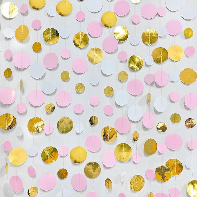Gold and Pink Party Decorations Circle Dots Garland Metallic Gold Light Pink - Image 3