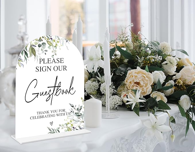 Greenery Please Sign Our Guestbook Sign, 6 x 8 Inch White Arch Acrylic Wedding - Image 4