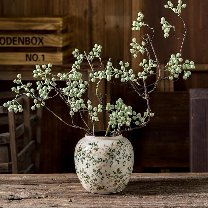 Vintage Green and Beige Round Pastoral Vase, Round Ceramic Floral Vases - Image 2