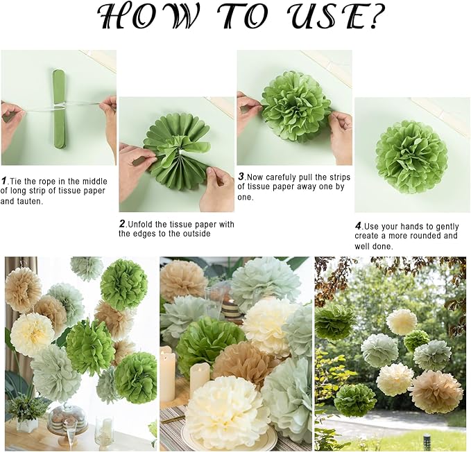 Olive Sage Green Tissue Paper Pom Poms Safari Jungle Party Decorations Paper - Image 6