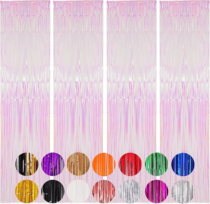4 Pack Iridescent Transparent Foil Fringe Backdrop Curtains, Tinsel Streamers by Voircoloria