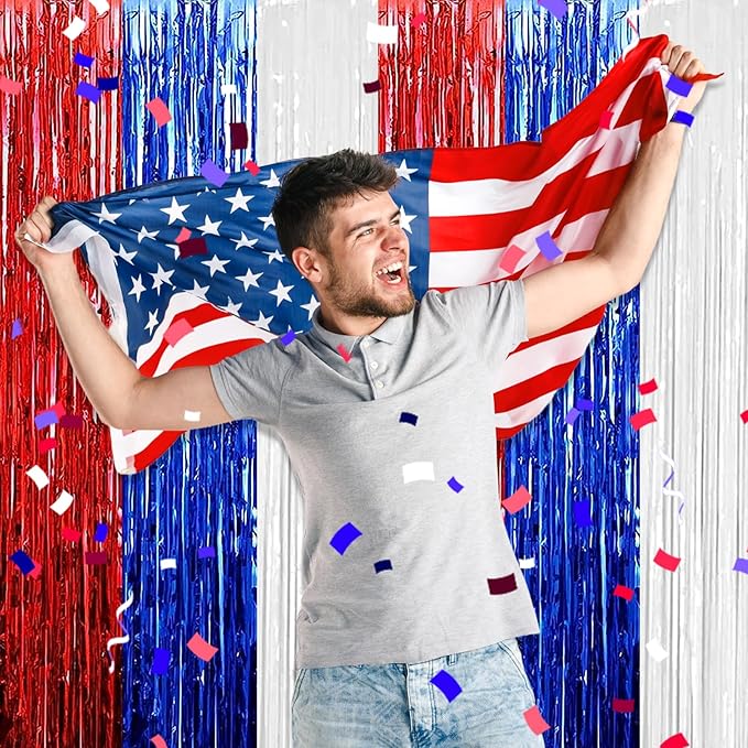 3 Pack White Blue Red Foil Fringe Curtain Backdrop, 3.28Ft x 8.2Ft Metallic - Image 4