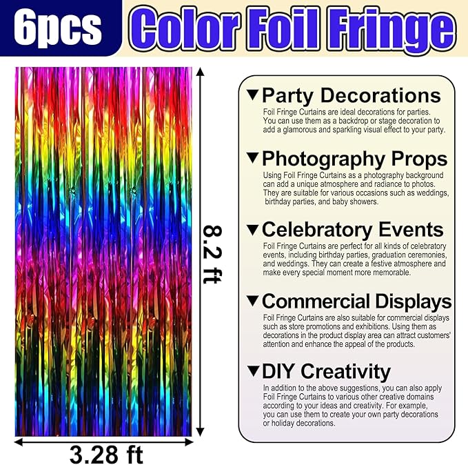 6 Pack Rainbow Foil Fringe Curtain Backdrop, 3.28Ft x 8.2Ft Metallic Tinsel - Image 2