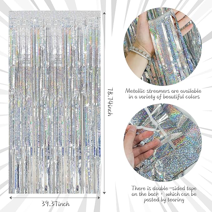 Tinsel Curtain Party Backdrop Silver Birthday Decorations 10 Packs Glitter Foil - Image 7