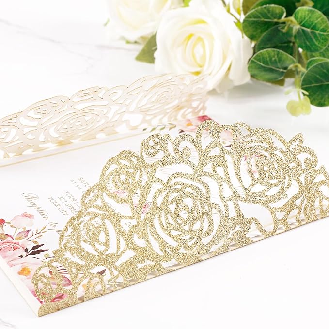 50pcs Gold Glitter Laser Cut Invitation Pockets Rose Personalized Blank Wedding - Image 6