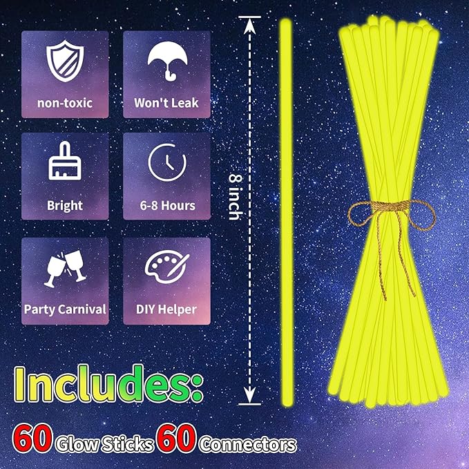 60 Pack 8” Yellow Glow Sticks Bulk - Image 2