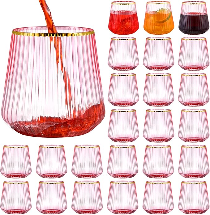 24 Pcs Pink Plastic Wine Glasses Ribbed Disposable Wine Glasses Unbreakable by Unknown