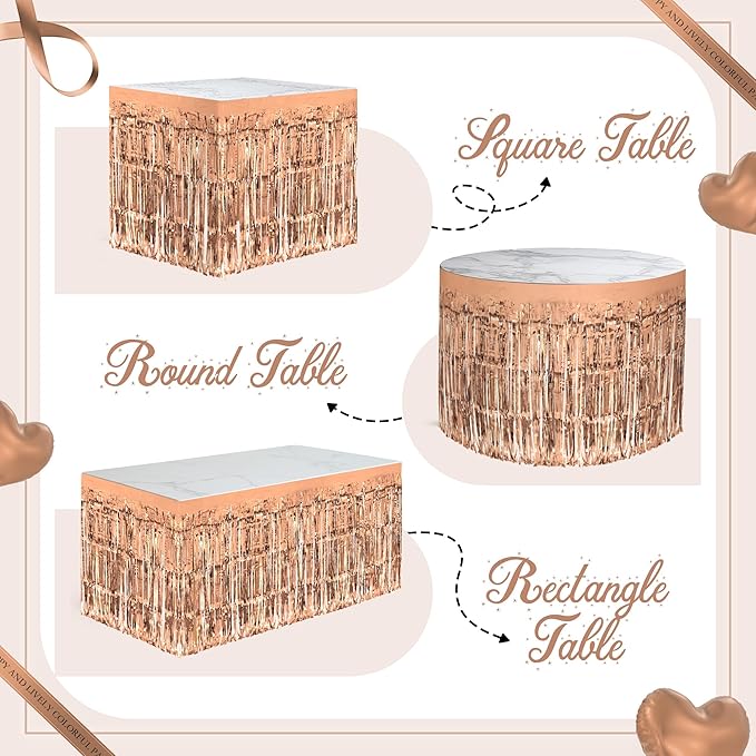 2 Pack Rose Gold Table Skirts, 29x108" Metallic Foil Tinsel Fringe Table Skirts - Image 4