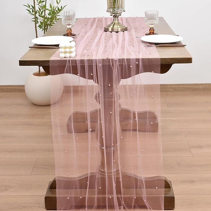 Joanlody Fall Pearl Table Runner 10ft Rustic Boho Tulle Table Runner - Image 6