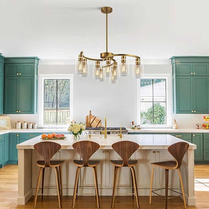 9-Light Gold Glass Chandelier, Adjustable Height Dining Room Light Fixtures - Image 3