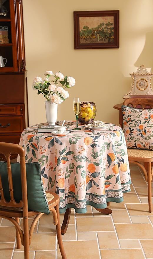 patdrea Designer Linen Small Round Table Cloth, Vintage Framhouse Oranges and - Image 7