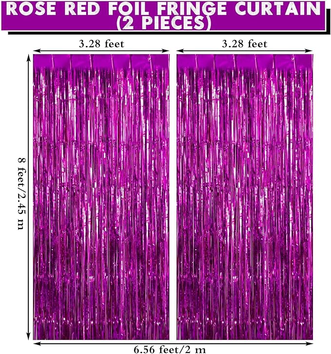 2 Pack Rose Red Fringe Curtains Foil Shiny Fringe Backdrop Tinsel Door - Image 2