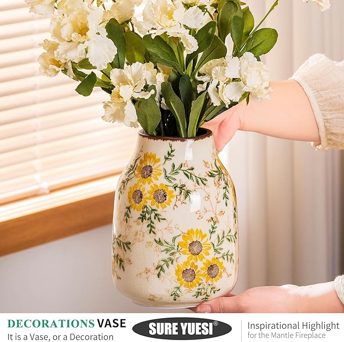 Sunflower Vintage Ceramic Yellow Floral Vase, Table Centerpieces, Kitchen - Image 2