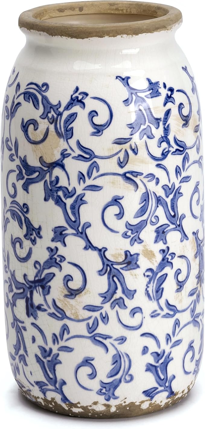 VICTOR & TERESA Rustic Large Blue and White Vase by VICTORTERESA