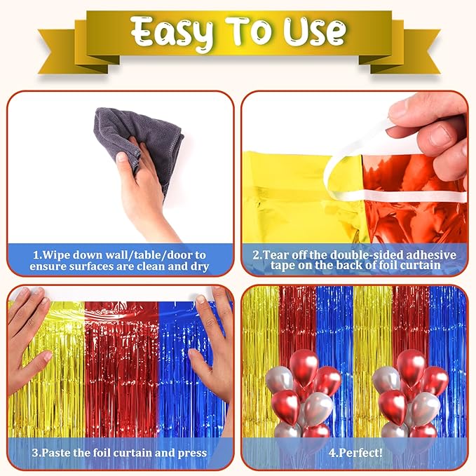 3 Pack 3.3 x 8.2 ft Blue Red Gold Foil Fringe Backdrop Curtains, Tinsel - Image 3