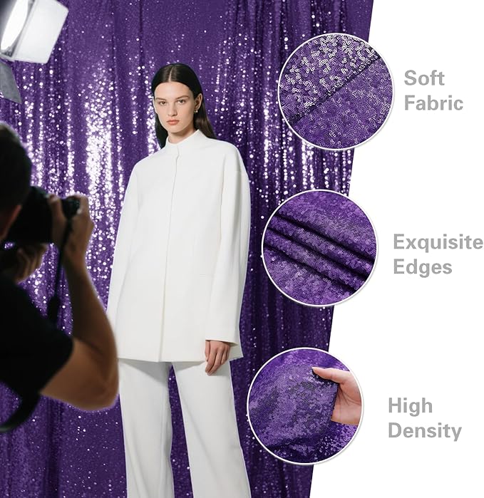 Purple Sequin Backdrop Curtain 2 Pieces 2FTx8FT Glitter Photography Backdrop - Image 5