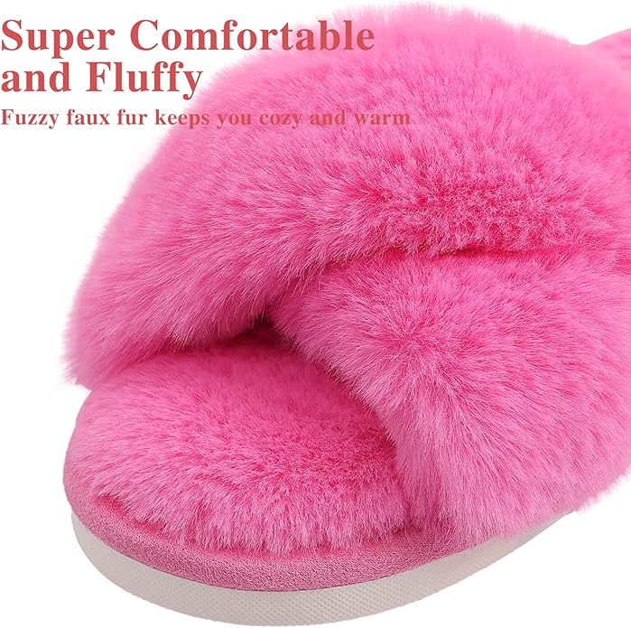 Evshine Women's Fuzzy Slippers Cross Band Memory Foam House Slippers Open Toe - Image 3