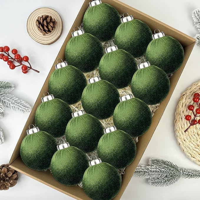 Green Velvet Ornaments for Christmas Tree 15 PCS, Big Neutral Flocked Christmas by Leetous
