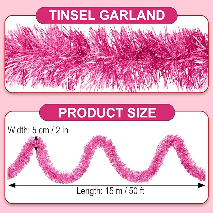 50 Feet Pink Christmas Tinsel Garland, Metallic Foil Twist Garland Wall Hanging - Image 2