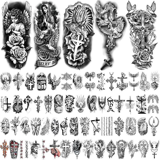77 Sheets Christian Temporary Tattoo Adult, Religious Jesus Christ Cross Angels - Image 2